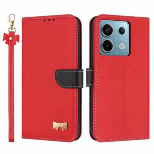 For Redmi Note 13 5G Metal Bow Leather Phone Case with Hand Strap(Red)