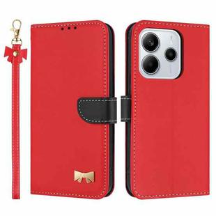 For Redmi Note 14 4G 163.25mm Metal Bow Leather Phone Case with Hand Strap(Red)