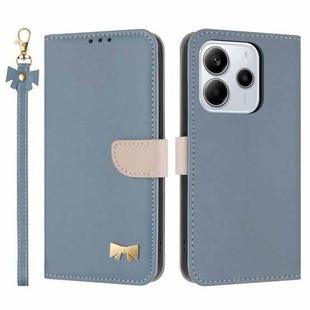 For Redmi Note 14 4G 163.25mm Metal Bow Leather Phone Case with Hand Strap(Light Blue)