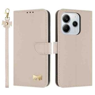 For Redmi Note 14 4G 164.84mm Metal Bow Leather Phone Case with Hand Strap(Apricot)