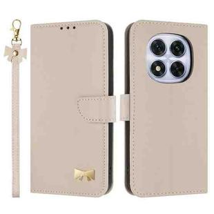 For Redmi Note 14 Pro 4G Global Metal Bow Leather Phone Case with Hand Strap(Apricot)