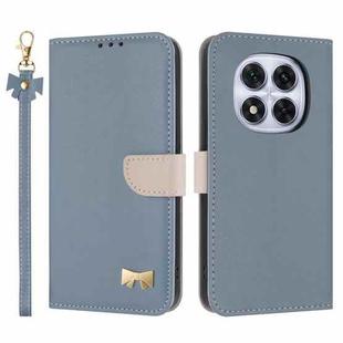 For Redmi Note 14 Pro 4G Global Metal Bow Leather Phone Case with Hand Strap(Light Blue)
