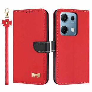 For Redmi Note 14S 4G Metal Bow Leather Phone Case with Hand Strap(Red)