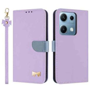 For Redmi Note 14S 4G Metal Bow Leather Phone Case with Hand Strap(Purple)