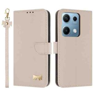 For Redmi Note 14S 4G Metal Bow Leather Phone Case with Hand Strap(Apricot)