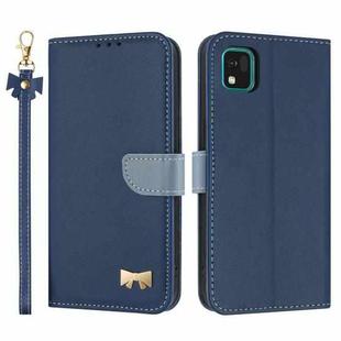 For Kyocera Kantan Sumaho3 A205KC Metal Bow Leather Phone Case with Hand Strap(Dark Blue)
