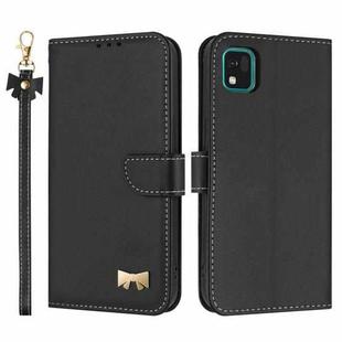 For Kyocera Kantan Sumaho3 A205KC Metal Bow Leather Phone Case with Hand Strap(Black)