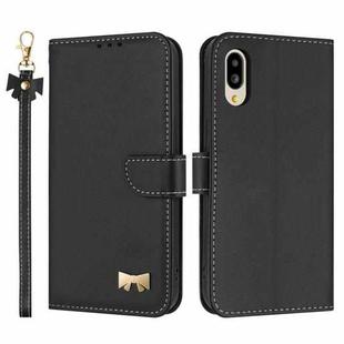 For Sharp Simple Sumaho 6 SHG09 Metal Bow Leather Phone Case with Hand Strap(Black)