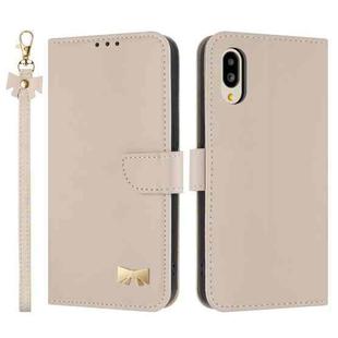 For Sharp Simple Sumaho 6 SHG09 Metal Bow Leather Phone Case with Hand Strap(Apricot)