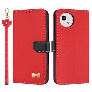 For Sharp Aquos wish5 Metal Bow Leather Phone Case with Hand Strap(Red)
