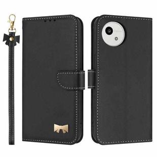 For Sharp Aquos wish5 Metal Bow Leather Phone Case with Hand Strap(Black)