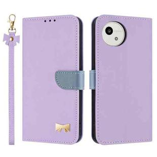 For Sharp Aquos wish5 Metal Bow Leather Phone Case with Hand Strap(Purple)