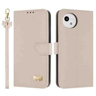 For Sharp Aquos wish5 Metal Bow Leather Phone Case with Hand Strap(Apricot)