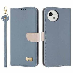 For Sharp Aquos wish5 Metal Bow Leather Phone Case with Hand Strap(Light Blue)