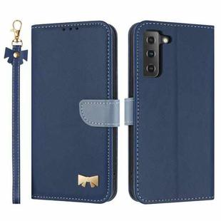 For Samsung Galaxy S22 5G Metal Bow Leather Phone Case with Hand Strap(Dark Blue)