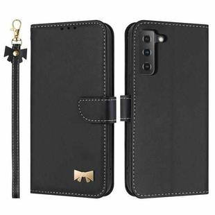 For Samsung Galaxy S22 5G Metal Bow Leather Phone Case with Hand Strap(Black)