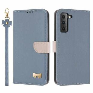 For Samsung Galaxy S22 5G Metal Bow Leather Phone Case with Hand Strap(Light Blue)