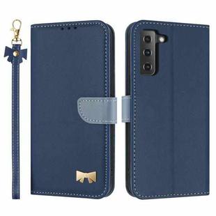 For Samsung Galaxy S22+ 5G Metal Bow Leather Phone Case with Hand Strap(Dark Blue)