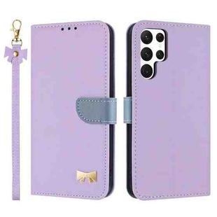 For Samsung Galaxy S22 Ultra 5G Metal Bow Leather Phone Case with Hand Strap(Purple)