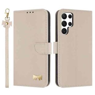 For Samsung Galaxy S22 Ultra 5G Metal Bow Leather Phone Case with Hand Strap(Apricot)