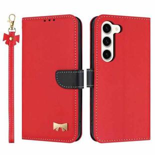 For Samsung Galaxy S23 5G Metal Bow Leather Phone Case with Hand Strap(Red)