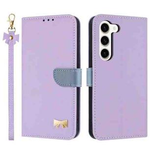 For Samsung Galaxy S23 5G Metal Bow Leather Phone Case with Hand Strap(Purple)