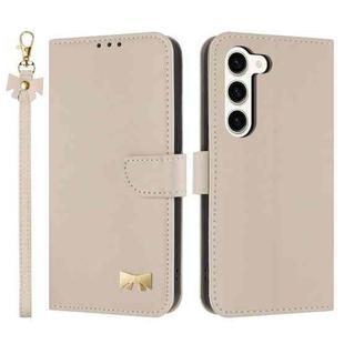 For Samsung Galaxy S23 5G Metal Bow Leather Phone Case with Hand Strap(Apricot)