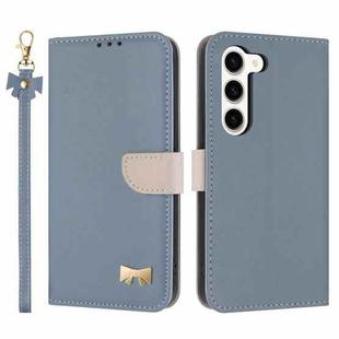 For Samsung Galaxy S23 5G Metal Bow Leather Phone Case with Hand Strap(Light Blue)