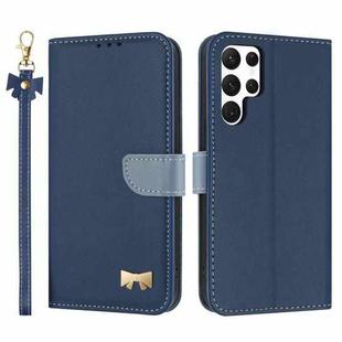 For Samsung Galaxy S23 Ultra 5G Metal Bow Leather Phone Case with Hand Strap(Dark Blue)