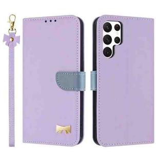 For Samsung Galaxy S23 Ultra 5G Metal Bow Leather Phone Case with Hand Strap(Purple)