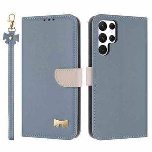 For Samsung Galaxy S23 Ultra 5G Metal Bow Leather Phone Case with Hand Strap(Light Blue)