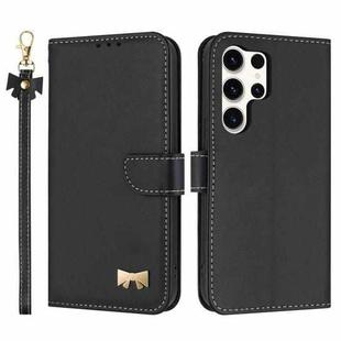 For Samsung Galaxy S24 Ultra 5G Metal Bow Leather Phone Case with Hand Strap(Black)