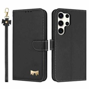For Samsung Galaxy S25 Ultra 5G Metal Bow Leather Phone Case with Hand Strap(Black)