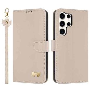 For Samsung Galaxy S25 Ultra 5G Metal Bow Leather Phone Case with Hand Strap(Apricot)