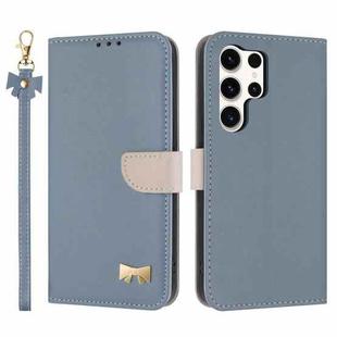 For Samsung Galaxy S25 Ultra 5G Metal Bow Leather Phone Case with Hand Strap(Light Blue)