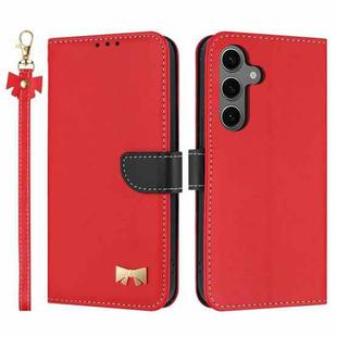 For Samsung Galaxy S25 / S24 5G Metal Bow Leather Phone Case with Hand Strap(Red)