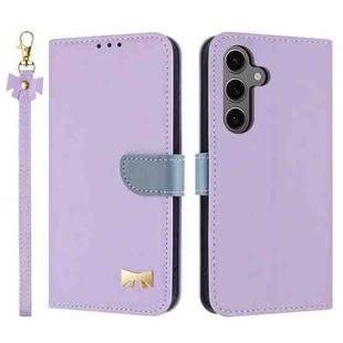 For Samsung Galaxy S25 / S24 5G Metal Bow Leather Phone Case with Hand Strap(Purple)