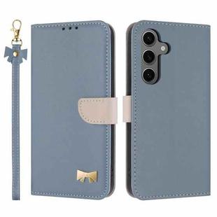 For Samsung Galaxy S25 / S24 5G Metal Bow Leather Phone Case with Hand Strap(Light Blue)