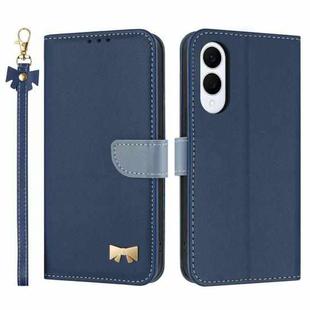 For Samsung Galaxy S25 Edge 5G Metal Bow Leather Phone Case with Hand Strap(Dark Blue)