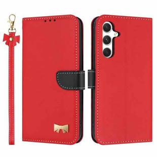 For Samsung Galaxy S24 FE 5G Metal Bow Leather Phone Case with Hand Strap(Red)