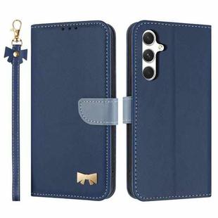 For Samsung Galaxy S24 FE 5G Metal Bow Leather Phone Case with Hand Strap(Dark Blue)