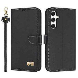 For Samsung Galaxy S24 FE 5G Metal Bow Leather Phone Case with Hand Strap(Black)