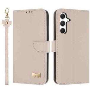 For Samsung Galaxy S24 FE 5G Metal Bow Leather Phone Case with Hand Strap(Apricot)