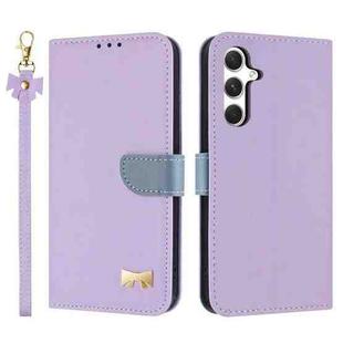 For Samsung Galaxy A25 5G Global Metal Bow Leather Phone Case with Hand Strap(Purple)