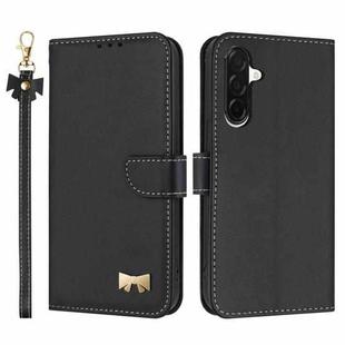 For Samsung Galaxy A26 5G Metal Bow Leather Phone Case with Hand Strap(Black)