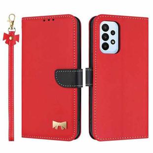 For Samsung Galaxy A33 5G Metal Bow Leather Phone Case with Hand Strap(Red)