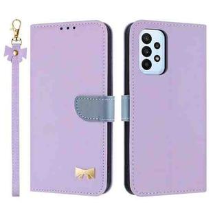 For Samsung Galaxy A33 5G Metal Bow Leather Phone Case with Hand Strap(Purple)