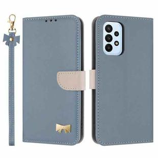 For Samsung Galaxy A33 5G Metal Bow Leather Phone Case with Hand Strap(Light Blue)