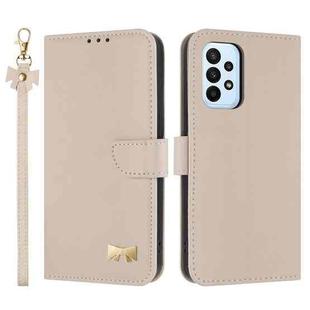 For Samsung Galaxy A23 4G / 5G Metal Bow Leather Phone Case with Hand Strap(Apricot)