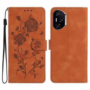 For Honor 400 Pro Global 160.8mm Rose Flower Embossing Pattern Leather Phone Case(Brown)